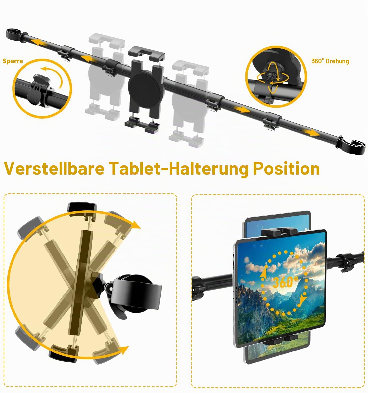 Tablet Halterung Auto Kopfstütze, Rücksitz KFZ Tablet Halter Mitte | Aluminiumstange 83 cm, Kinder Kopfstützenhalterung für Switch, iPad Pro Air Mini, Galaxy Tab, Kindle Fire, Handys, 4-13"
