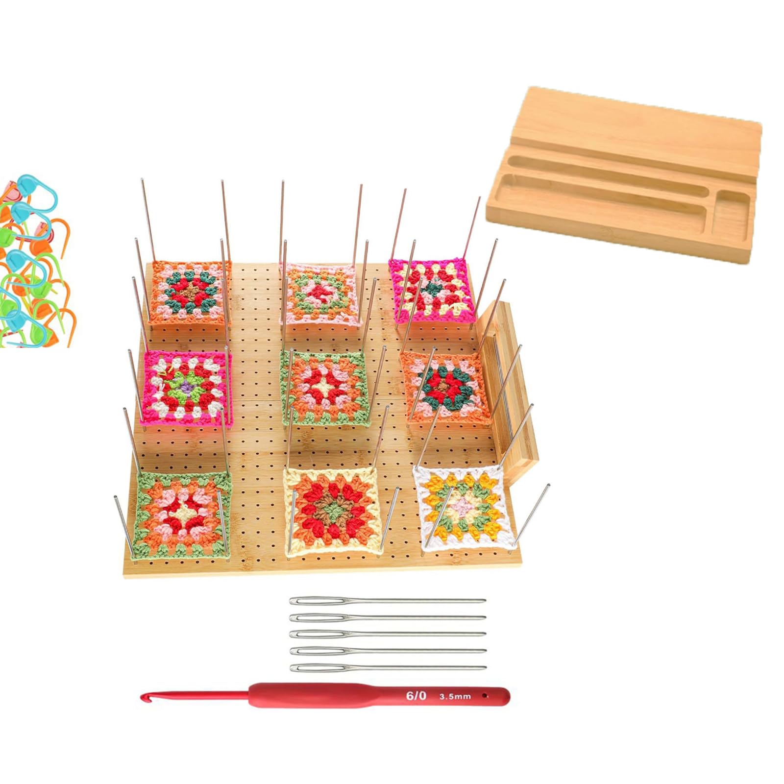 RAFGALDEX Granny Square Blocking Board with 20 Pin, Crochet Blocking Board Wood for Crochet Yarn Knitting Project Wood Knitting
