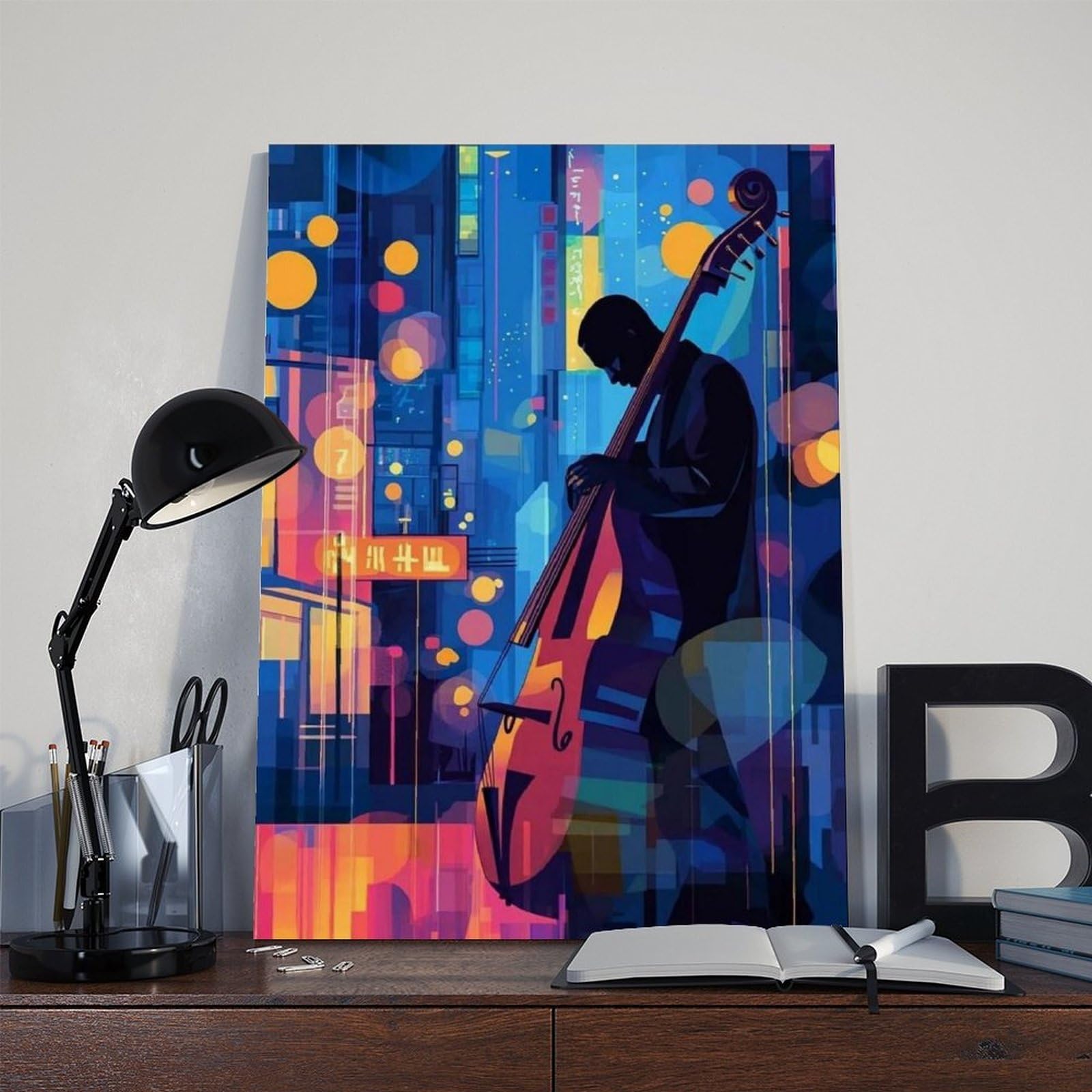 Illustrazione del bassista jazz, poster su tela con musica al neon, decorazione per camera da letto, ufficio, stanza, regalo, 61 cm L x 91,4 cm W