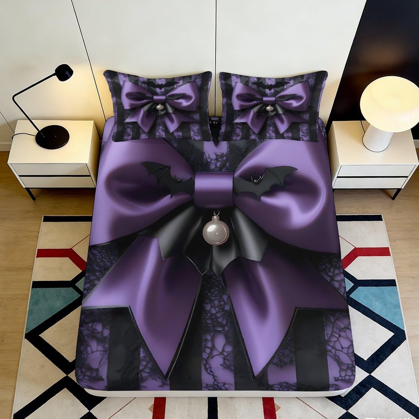 Pnayamiorkfel Style-7 3D Printed Gothic Purple Bow Fitted Sheet Microfiber Black Lace Bat Mattress Cover For Bedroom Dorm Decorative 90X200x25cm