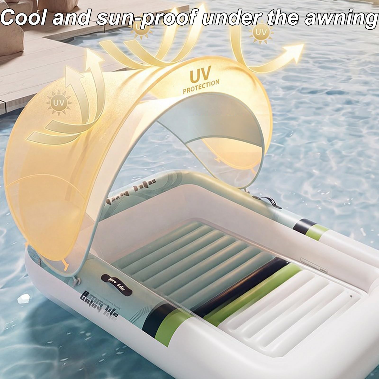 Matelas Gonflable Piscine, Chaise Longue Gonflable Piscine avec Auvent Amovible et Poignées, pour la Plage ou Le Bord d'un Lac