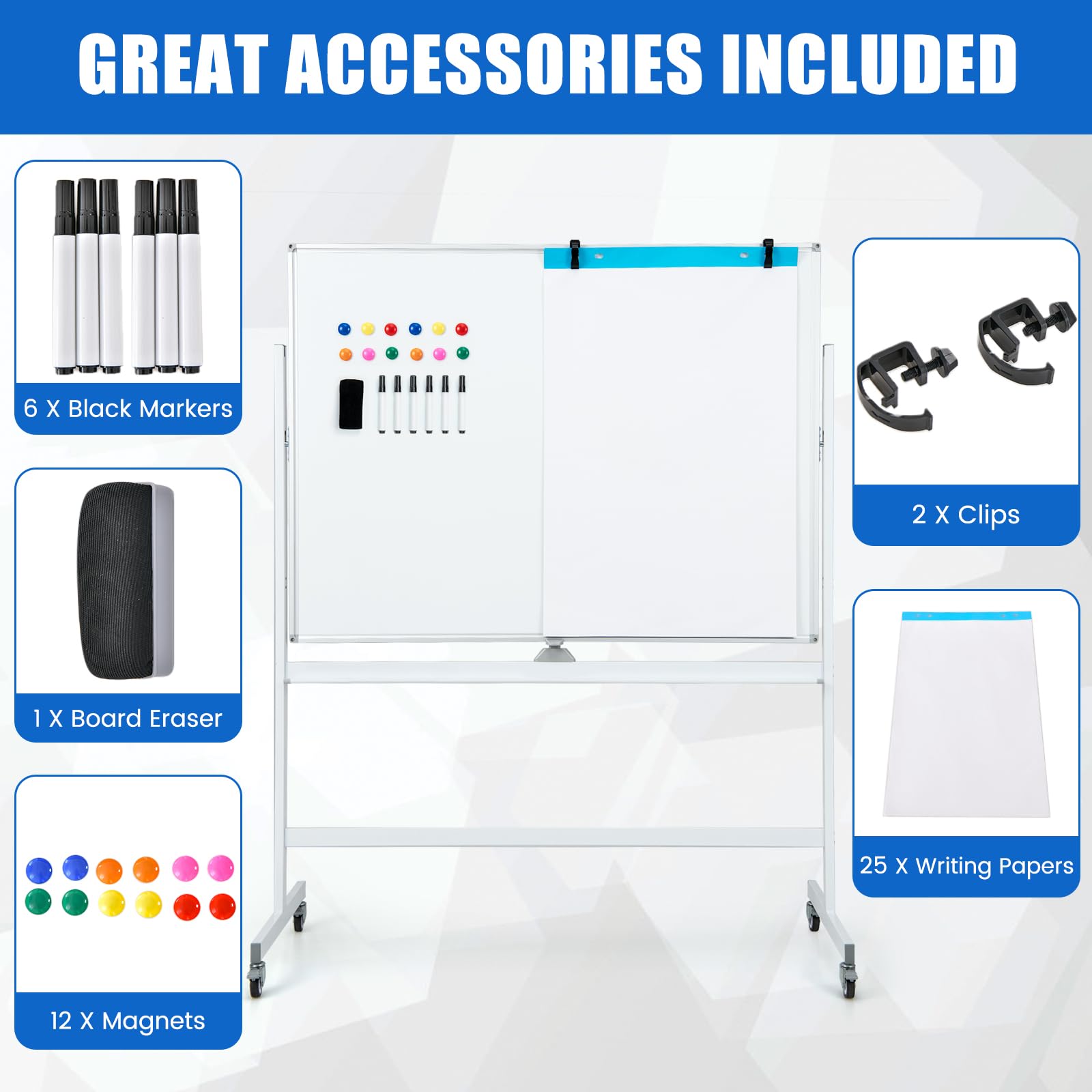 GIANTEX Pizarra Blanca Magnética de Doble Cara, 120 x 90 cm, Pizarra Móvil con Altura Ajustable de 2 Niveles, con Borrador, Marcadores Negros, Imanes, Whiteboard para Aula, Oficina (Blanco)