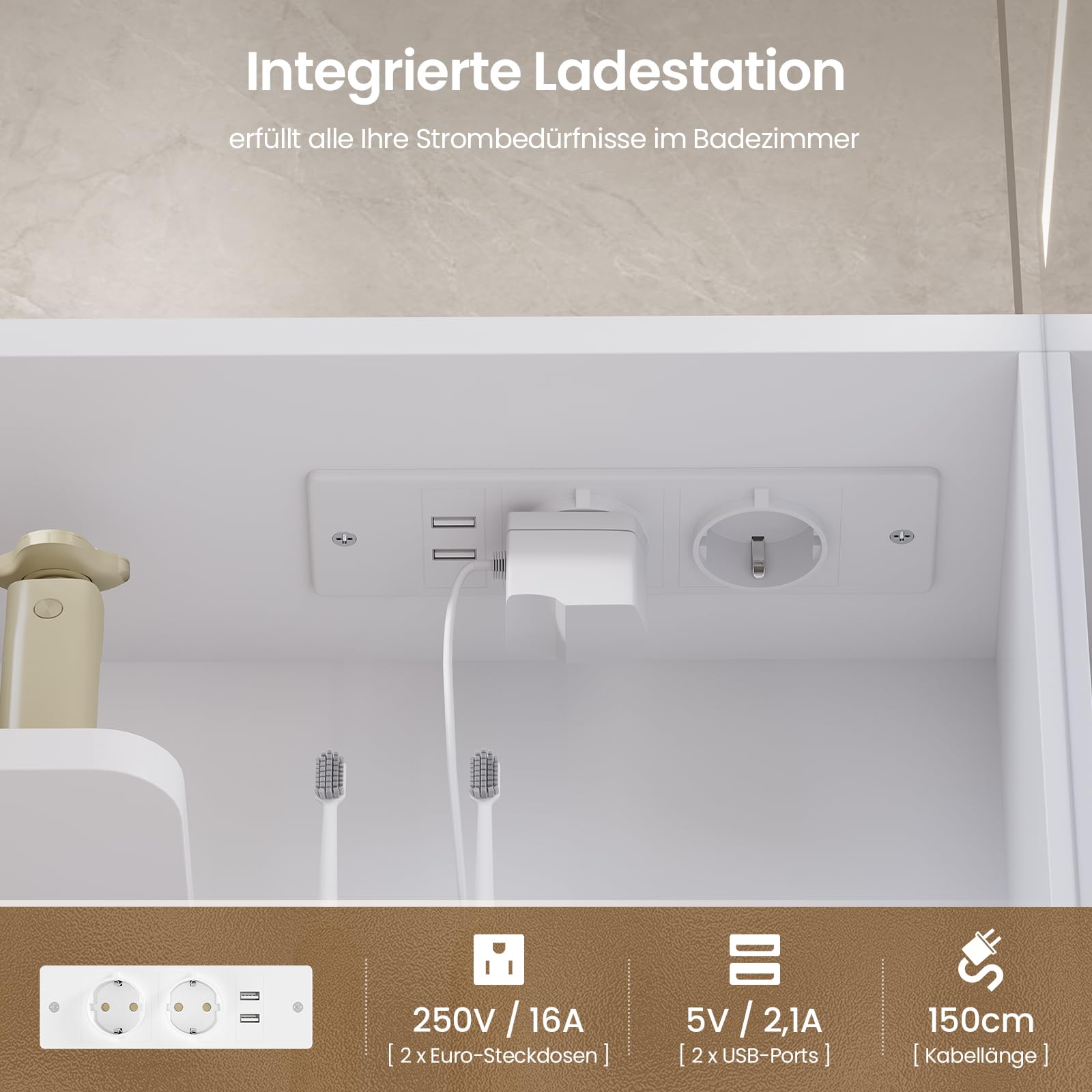 3-türiger Spiegelschrank Bad mit 360° Rundumsicht – 80 cm breit, +5 cm Überstand, LED Touch-Sensor, 3 Lichtfarben, dimmbar & integrierte Ladestation (2 USB + 2 Steckdosen)