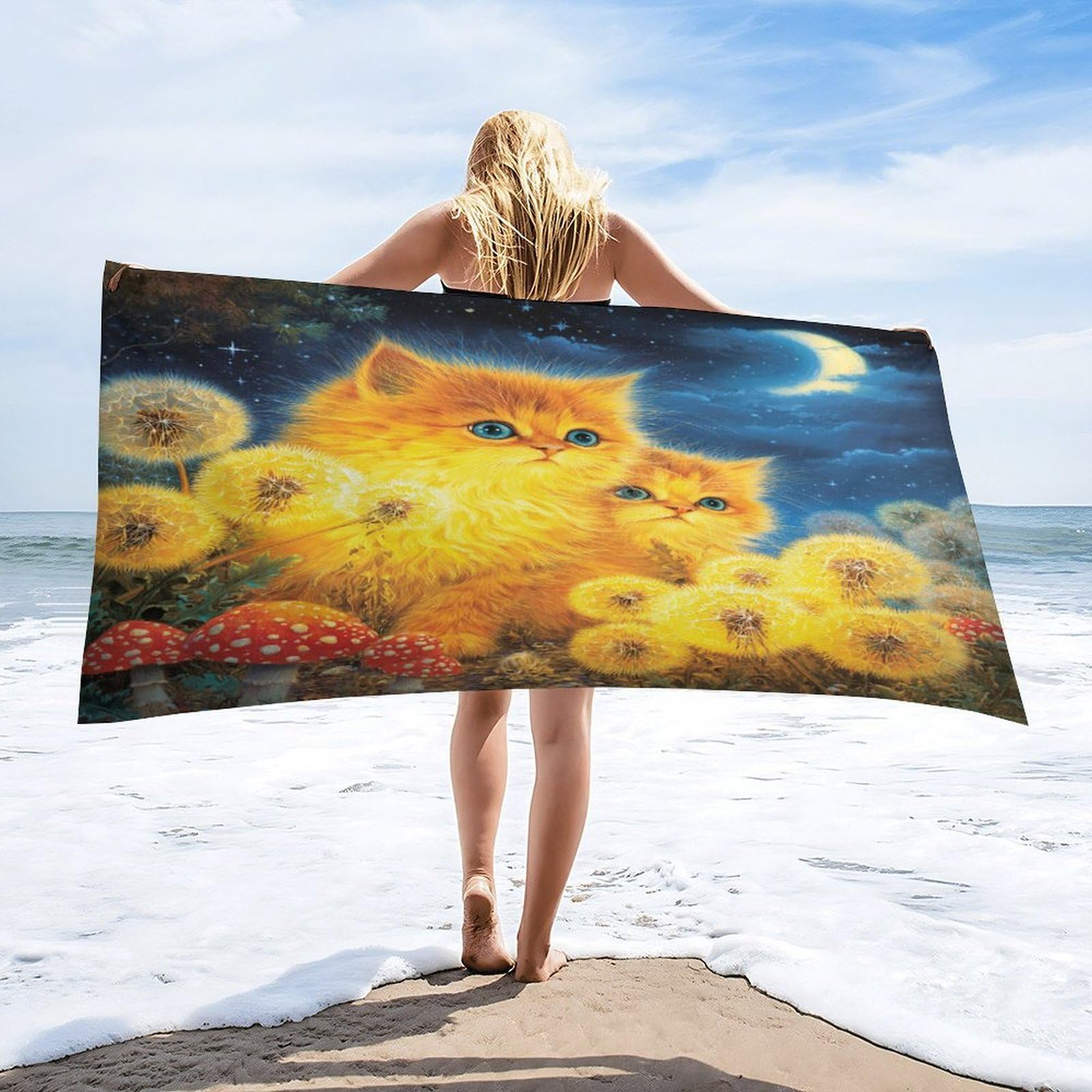 Luyysky Fantasy Cartoon Cute Cat Quick-Drying Beach Towel, Retro Watercolor Starry Sky Galaxy Dandelion Mushroom Animals Kitten Travel Vacation Single Sided Pile Bathroom Towels-80 W Cm X 160" L Cm
