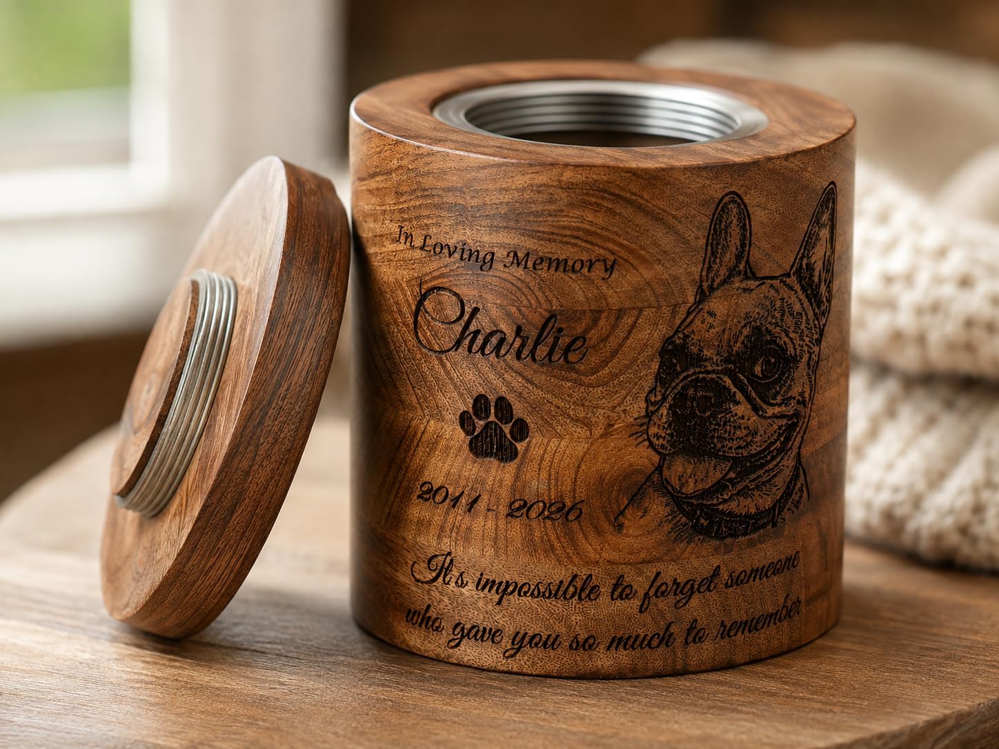 Personalized Handmade Solid Wooden Cremation Urns for Dog & Cat Ashes, Custom Photo Engraved Wood Pet Memorial Keepsake Urn Box for Ashes, Pet Urn for Dogs & Cats, Pet Loss Keepsake Urn Box for Ashes image 2