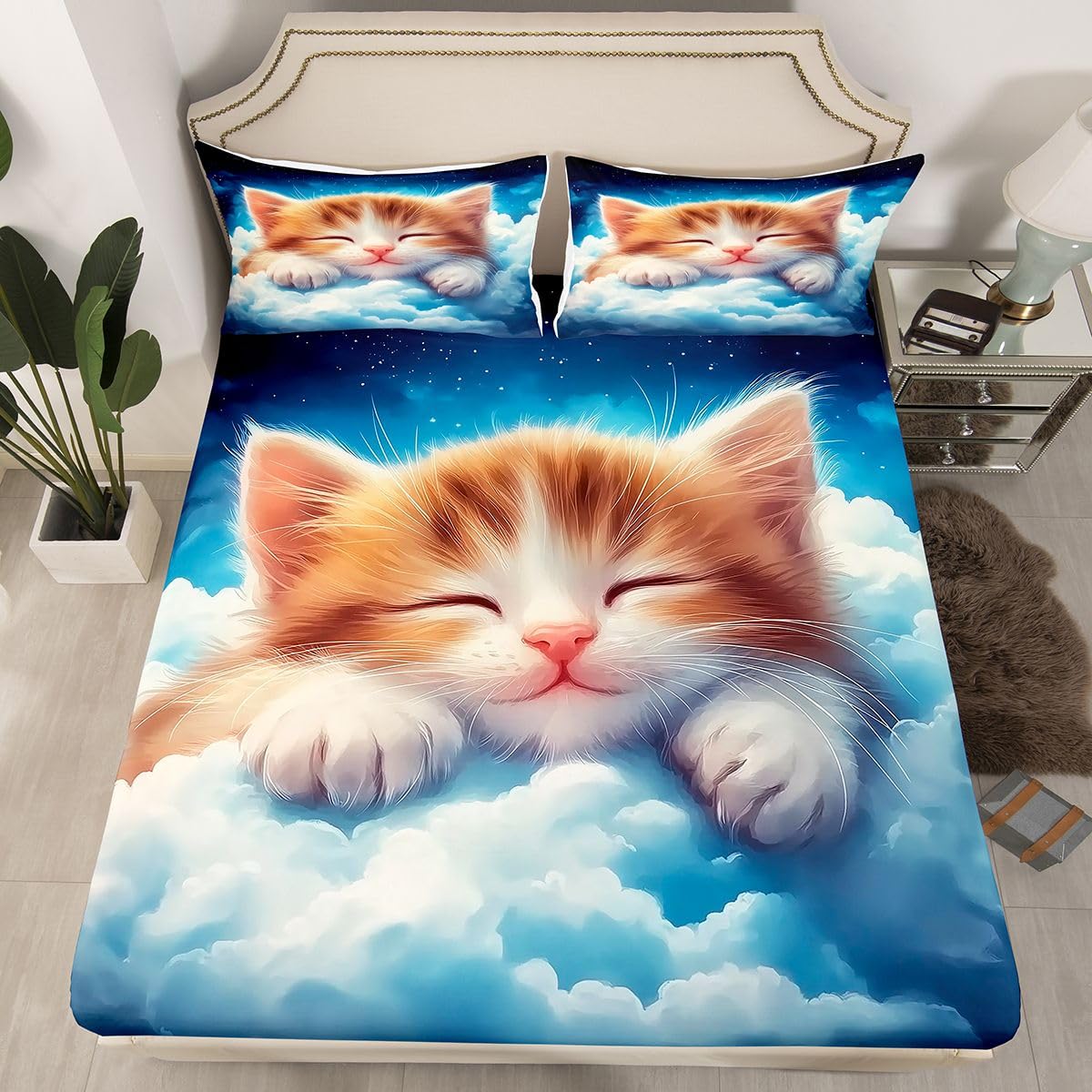 Juego de sábanas bajeras de 3 piezas tamaño King, diseño de gato naranja, acuarela, nubes, cielo, galaxia, para niños y niñas, bonita decoración de gatito durmiente, bolsillo profundo, 2 fundas de