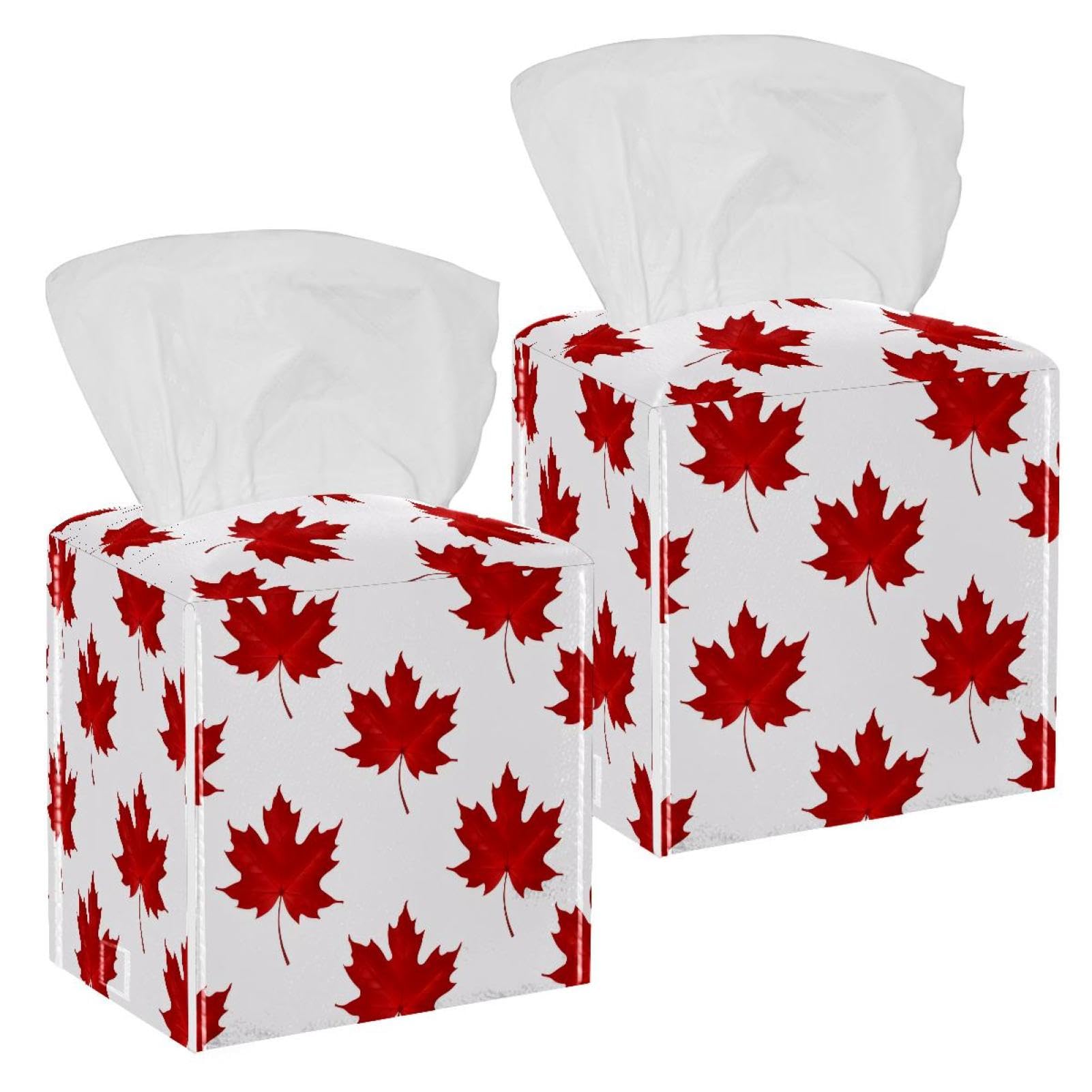 Maple Leaf Tissue Box Cover, 2 Pack PU Leather Square Facial Tissue Dispenser Box holder for Home Office Car