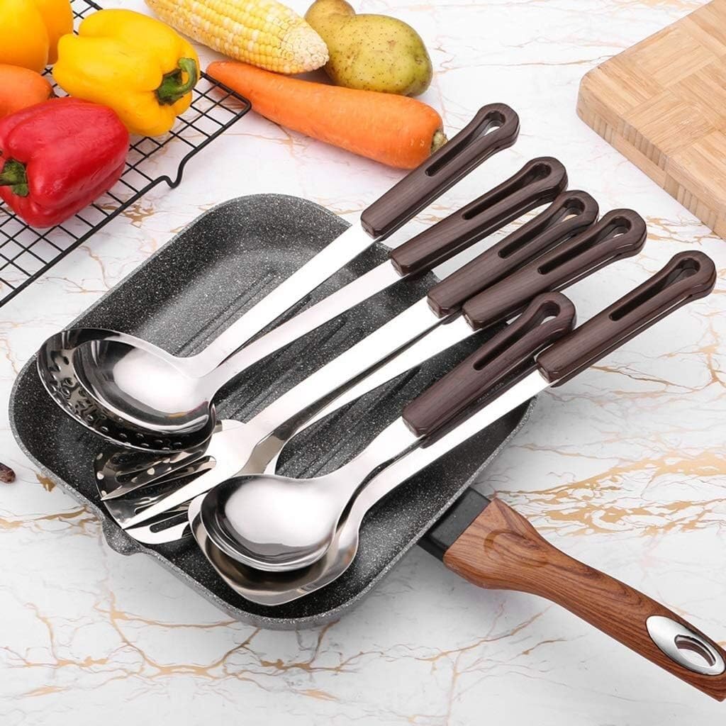 Kochutensilien, Küchenutensilien-Set aus Stahl, antihaftbeschichtet und hitzebeständig, beste Küchenutensilien, 6 Küchenutensilien-Sets natürlichem Holzsilikon, Kochutensilien-Sets