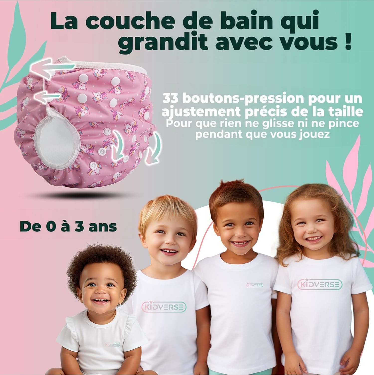 KIDVERSE Couche Piscine bébé 0 à 3 Ans - réglable, réutilisable & Lavable avec Pochette - pour Fille & garçon - qualité certifiée - Couche de Bain bébéche de Bain pour bébé de 0 à 3 Ans