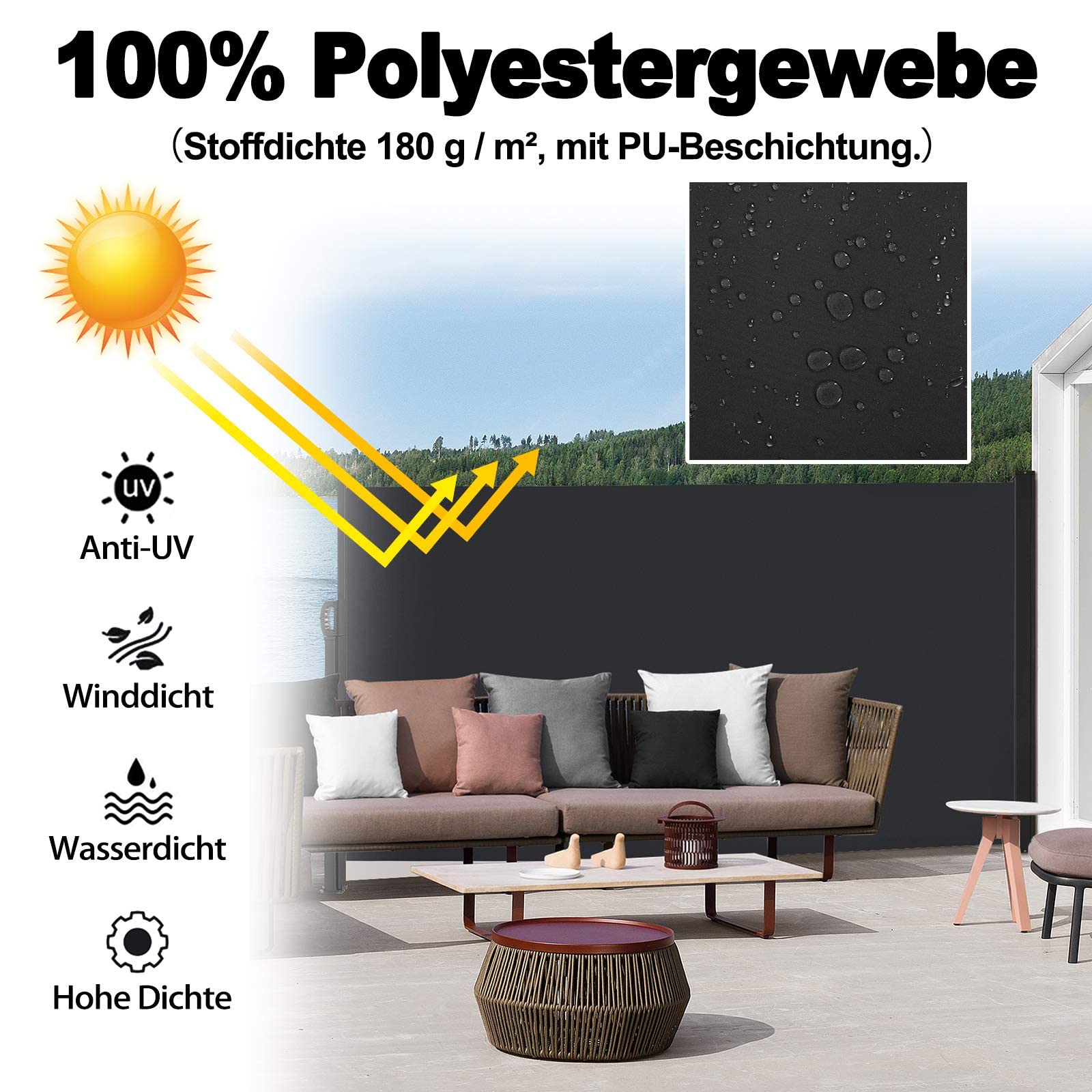 LZQ Seitenmarkise Ausziehbar Balkon Sonnenschutz Sichtschutz Markise,Wasserdicht Windschutz Seitenrollo aus Polyester für Garten Terrasse Spielplätzen Camping(160x300cm,Anthrazit)