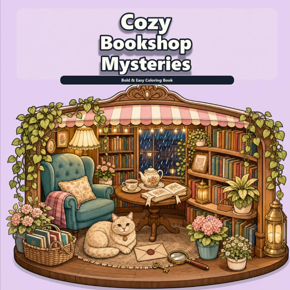 Cozy Bookshop Mysteries: A Bold and Easy Coloring Book with Reading Nooks, Library Cats, and Hidden Clues