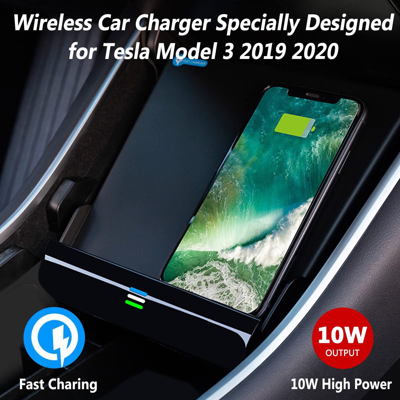 Nowa Aktualizacja Bezprzewodowej ładowarki Samochodowej dla Tesla Model 3 (2019-2020),Podkładka Szybkiego ładowania15W,ładowarka Konsoli środkowej Współpracuje Z Telefonami Obsługującymi QI