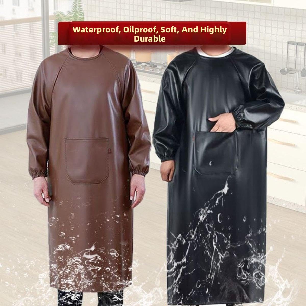 Tablier de Travail en Cuir, Blouse Imperméable à Manches Longues avec Poche, Vêtement de Protection pour Hommes et Femmes, Idéal pour Cuisine, Jardinage, Atelier et Vaisselle