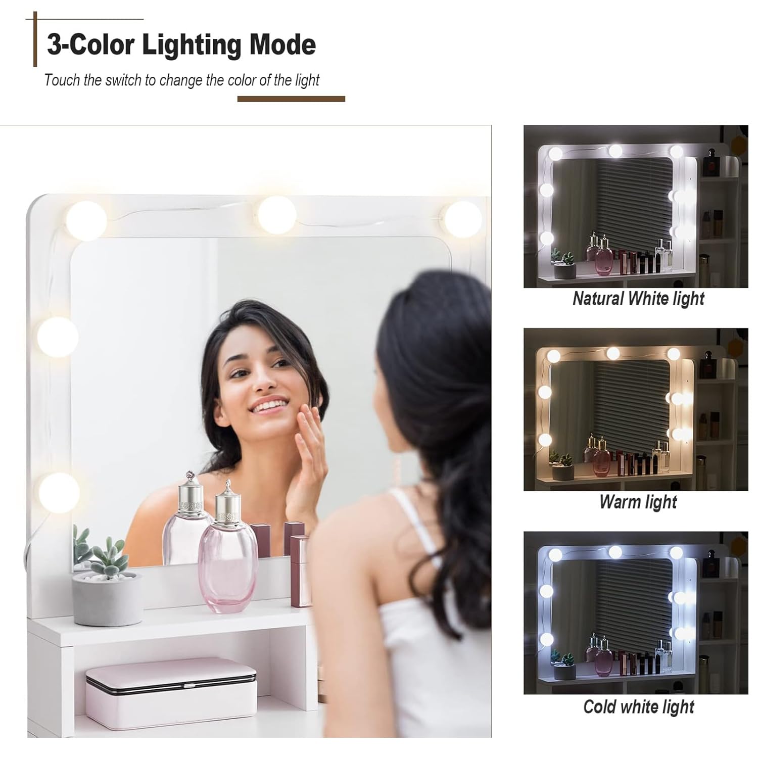 CLIPOP Schminktisch mit Hollywood LED Spiegel,Licht Verstellbare Helligkeit,Frisiertisch Gepolsterter Hocker Set Weiß,Kosmetiktisch aus Holz mit Schublade und Aufbewahrungsschrank