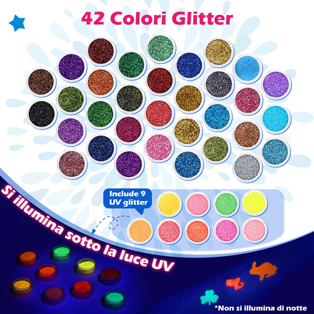 Bledras Set Tatuaggi Glitter Bambini, 42 Colori Temporary Glitter Tattoo, 210 Stencil, 5 Pennelli, 3 Colla, Tatuaggio Impermeabile Kit, Regali per Ragazzi e Ragazze per Carnevale, Compleanno