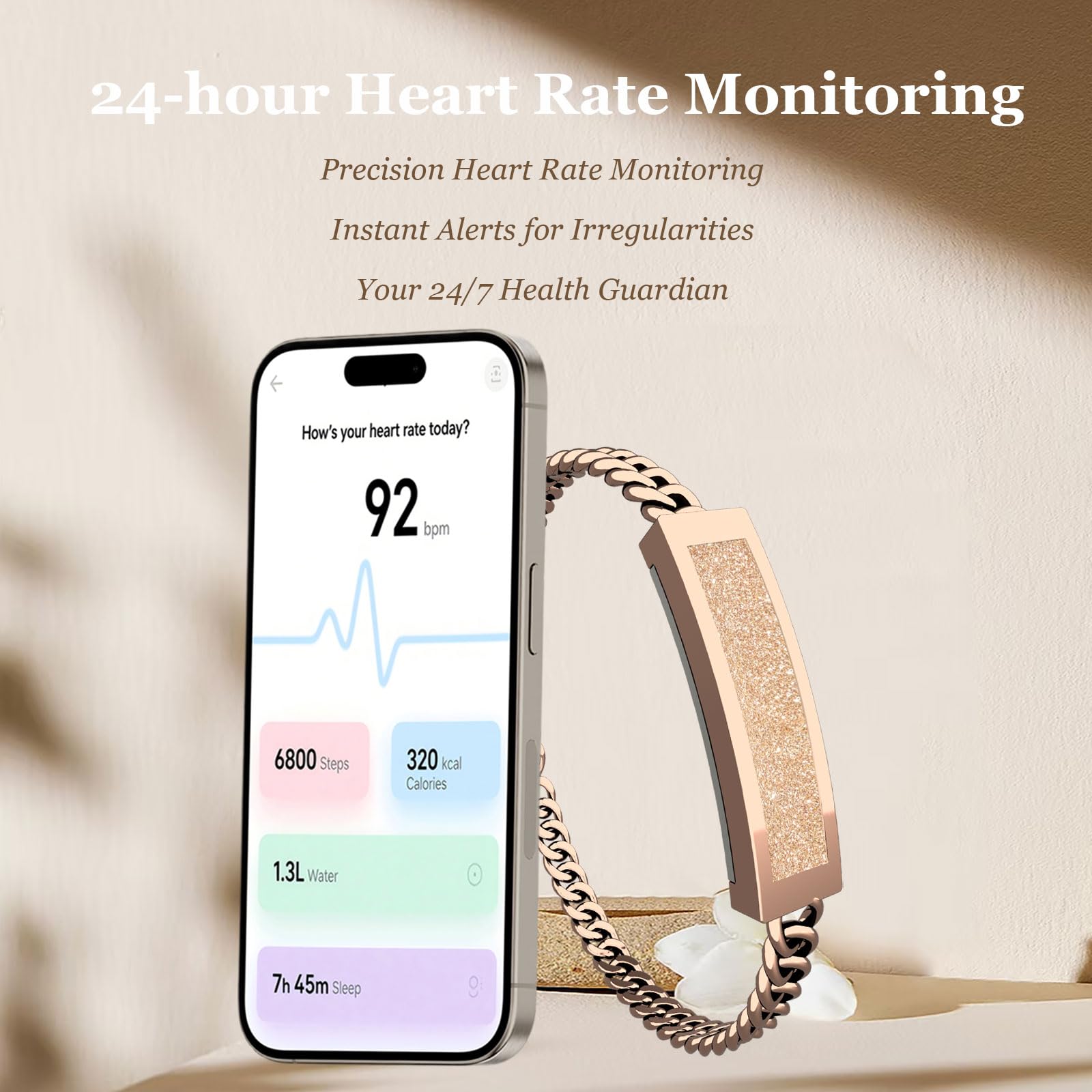 findtime Bracelet intelligent pour femme, suivi d'activité, étanche IP68, podomètre, suivi du sommeil, compteur de calories, moniteur de fréquence cardiaque, chaîne Cuba fine, design doré