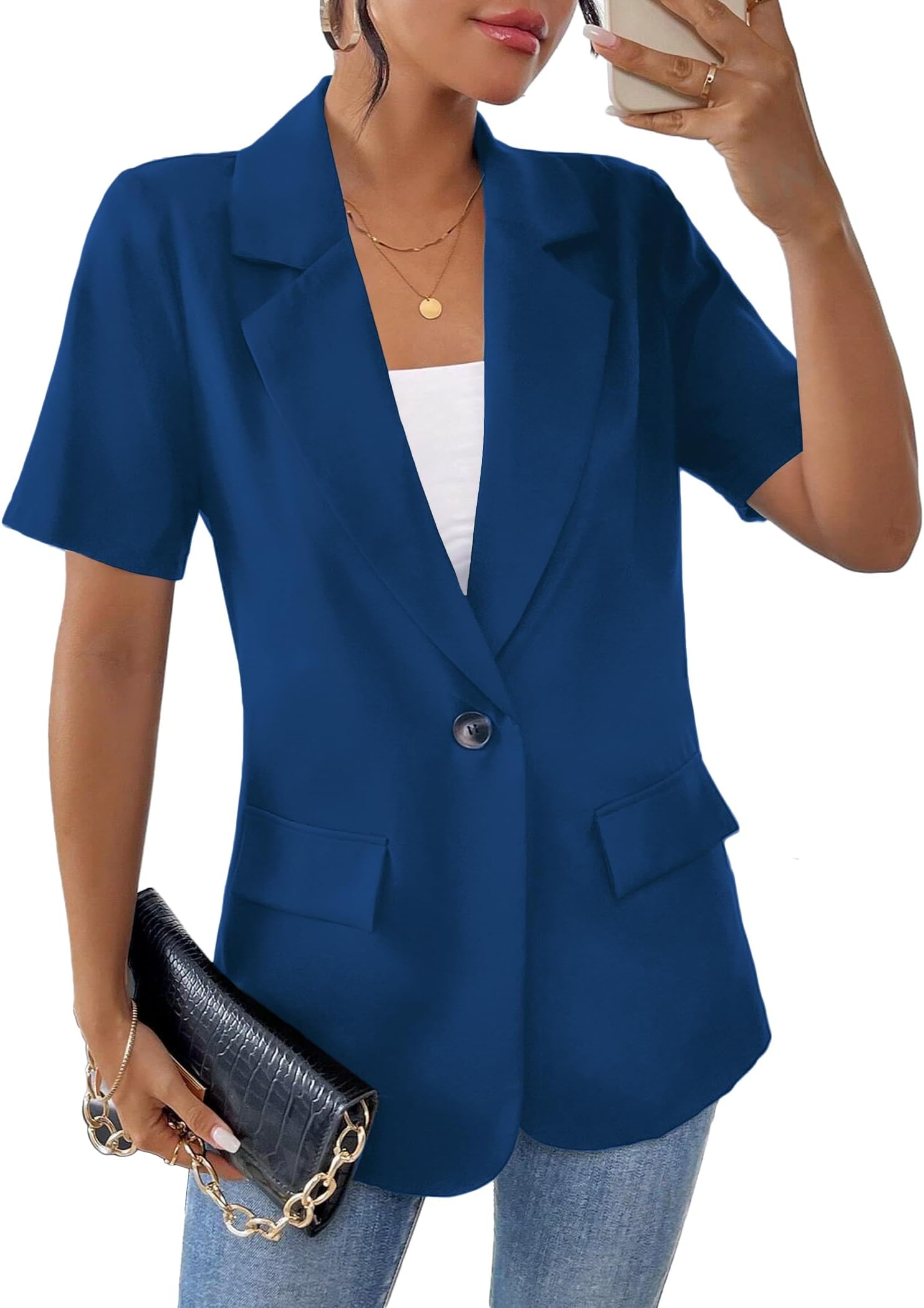 Mina selfWomens Summer Vest Blazer 2024 Lightweight Short Sleeve Fashion Casual Oversized Pockets Work Office Jackets