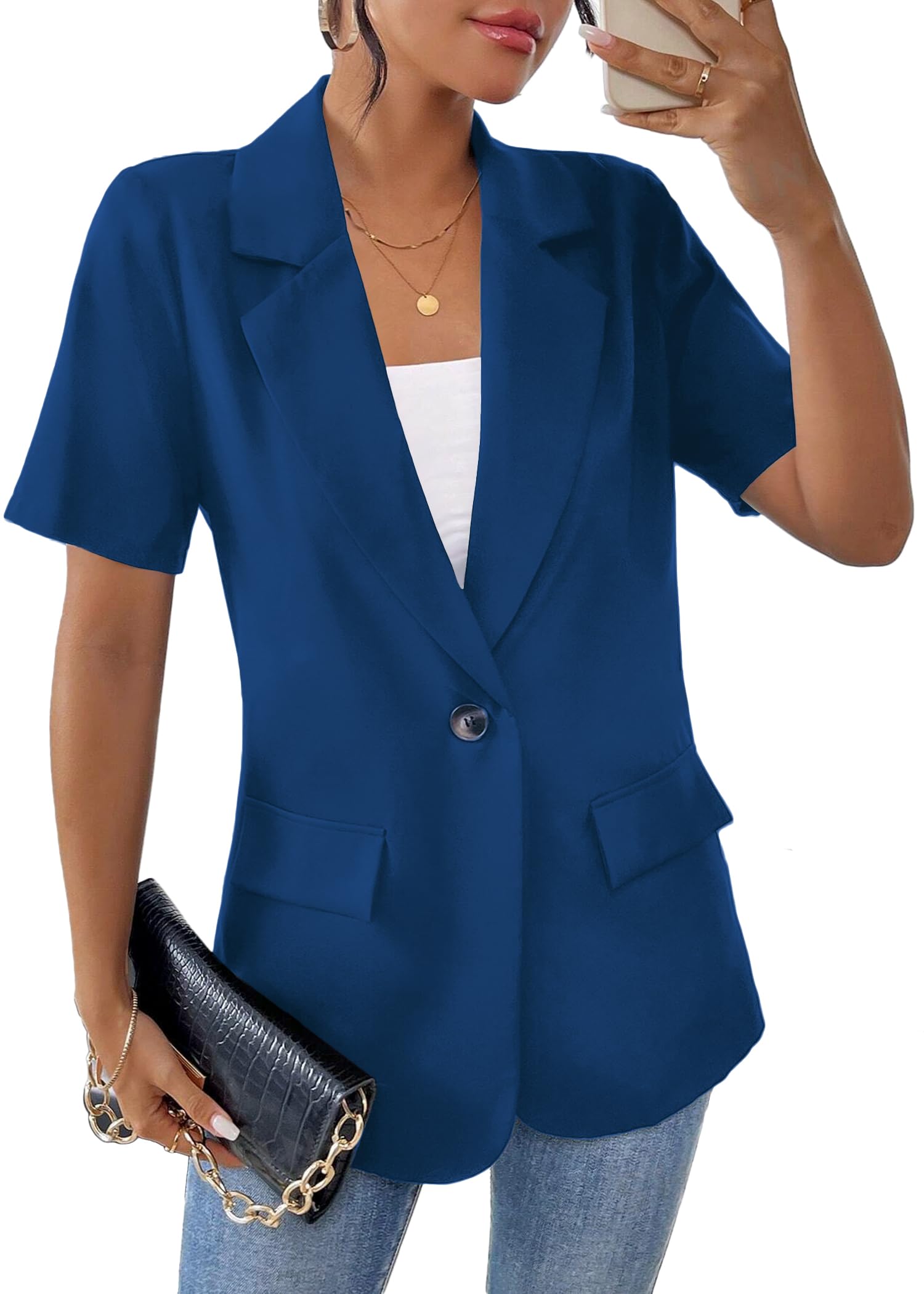 Mina selfWomens Summer Vest Blazer 2024 Lightweight Short Sleeve Fashion Casual Oversized Pockets Work Office Jackets