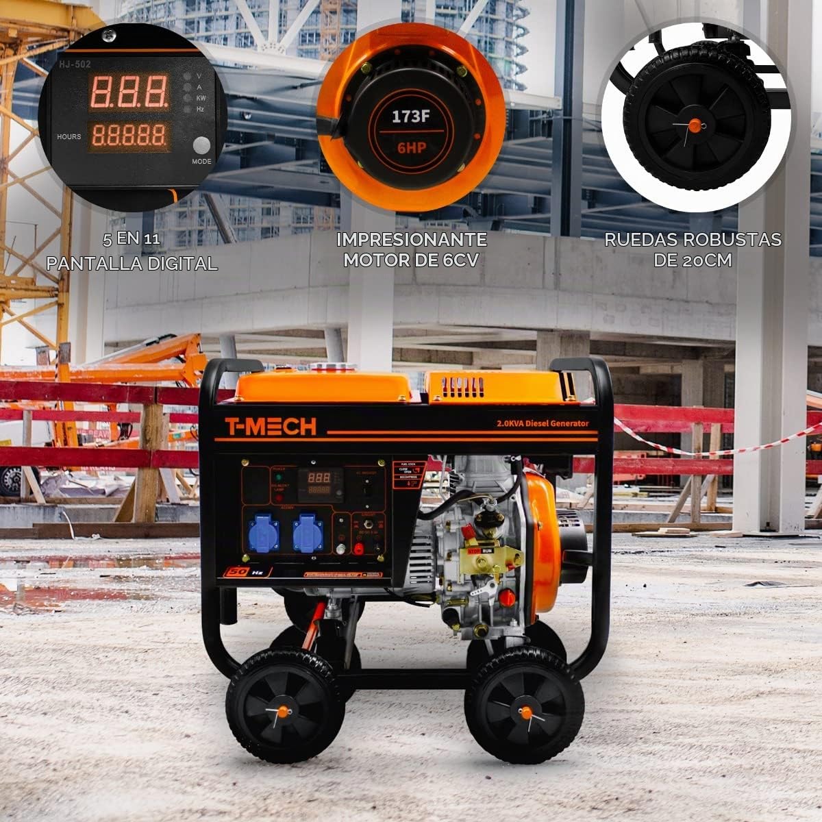 Generador Diésel Eléctrico Portátil Monofásico Marco Abierto 2kVA 230V 6CV 3.8kW 5en1 Pantalla Digital Arranque Manual, Salida AC DC,12.5L Capacidad Tanque,con Kit de Herramientas+Embudo Incluidos