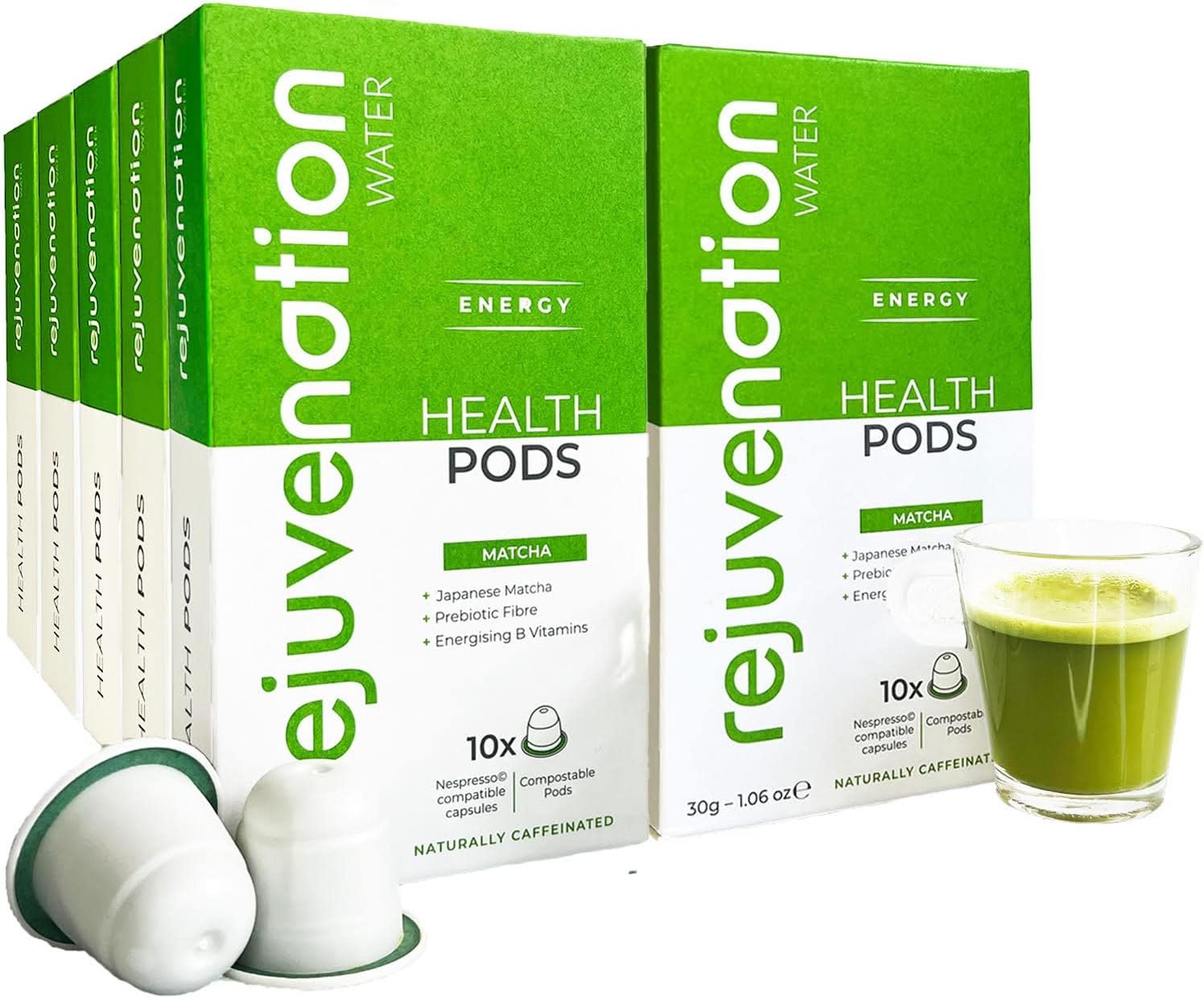 Rejuvenation Water Matcha Nespresso compatible Pods - Premium grade Japanese Matcha powder with prebiotic fibre and B vitamins. Green tea herbal nespresso capsule - 100 pods