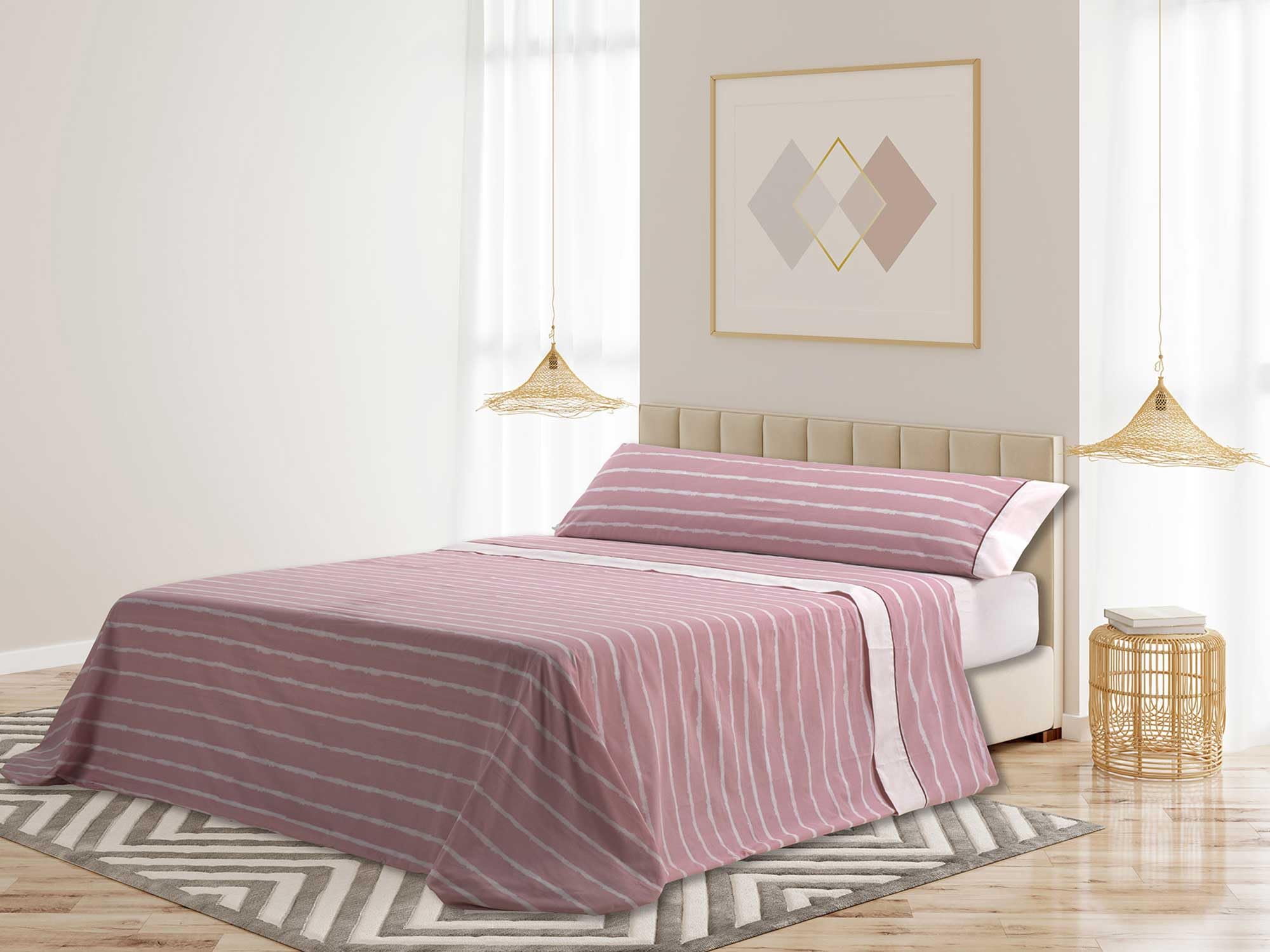 Mora - Juego de sábanas algodón Combinado + Fundas de Almohada - 3/4 Piezas - 144 Hilos - diseño Estampado Entretiempo - Modelo M88