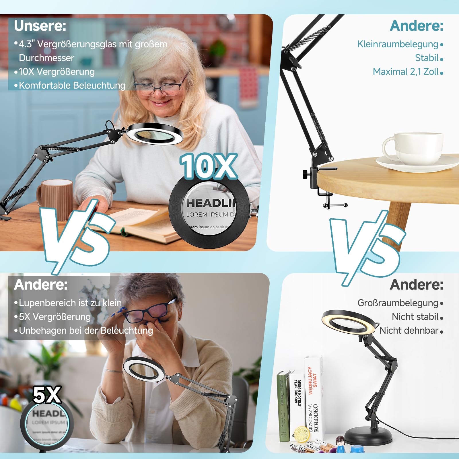 Lupa con luz y soporte, 10 lupas con 3 modos de color y 10 luces LED regulables, lupa de mesa de 10 aumentos con abrazadera, lupa de lectura, lupa de lectura, lupa de aumento, para manualidades,