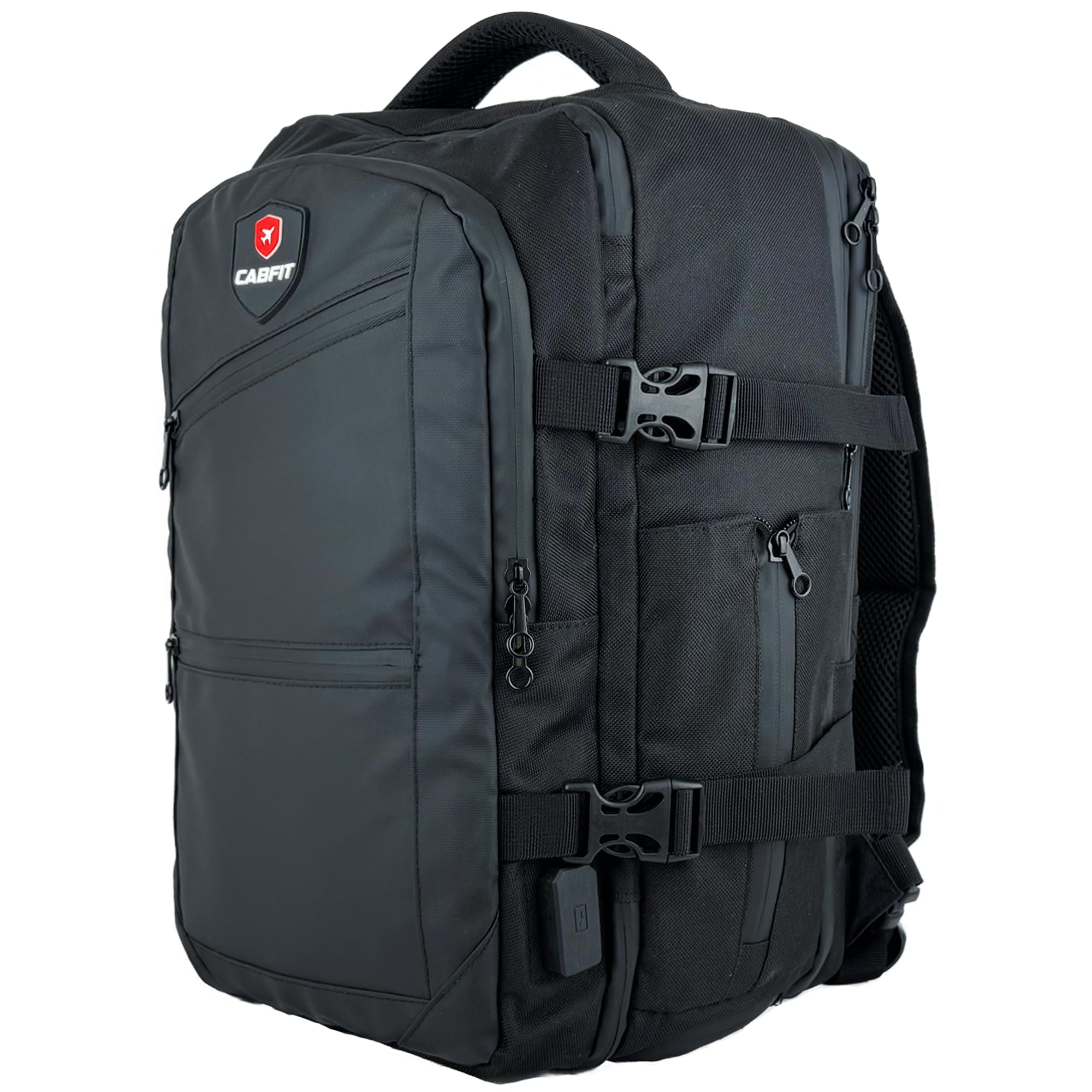 CabFit The NOMAD - Mochila de Viaje Cabina Avion 40x20x25 Compatible con Ryanair Vueling Easyjet, Candado antirrobo Code Lock,USB, Impermeable y Resistente, mochila cabina avión hombre y mujer NEGRO