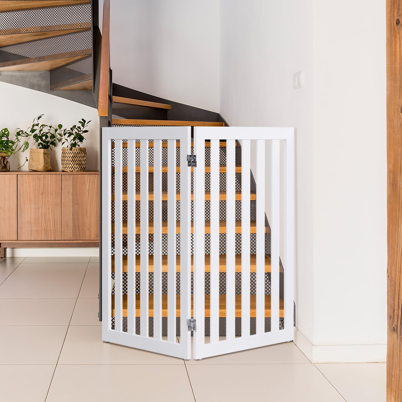 COSTWAY Cancelletto per Cani Pieghevole in Legno con 2 Ante, Ideale per Scale, Soggiorno e Cucina, 89 x 101 cm, Bianco