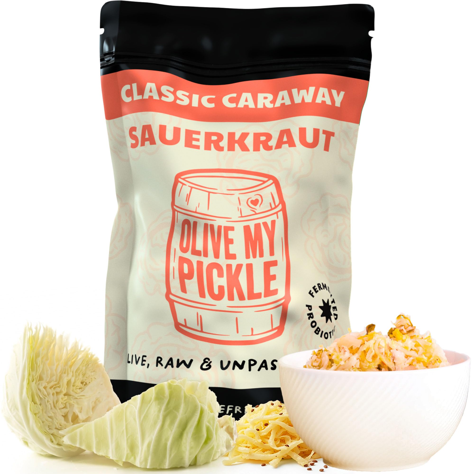 Olive My Pickle Fermented Sauerkraut - 16 oz | 1-Pack Bundle of Probiotic Classic Caraway Sauerkraut with Natural Probiotics for Gut Health - Great for Sandwiches, Salads, Meat