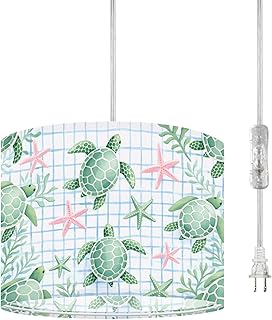 Plug in Pendant Light Seamless Watercolor Turtle amp Starfish Checkered Coastal Elegance Hanging Lamp with Plug in Clear Cord Linen Lampshade Dimmable Switch for Bedroom Living Room Light Fixtures