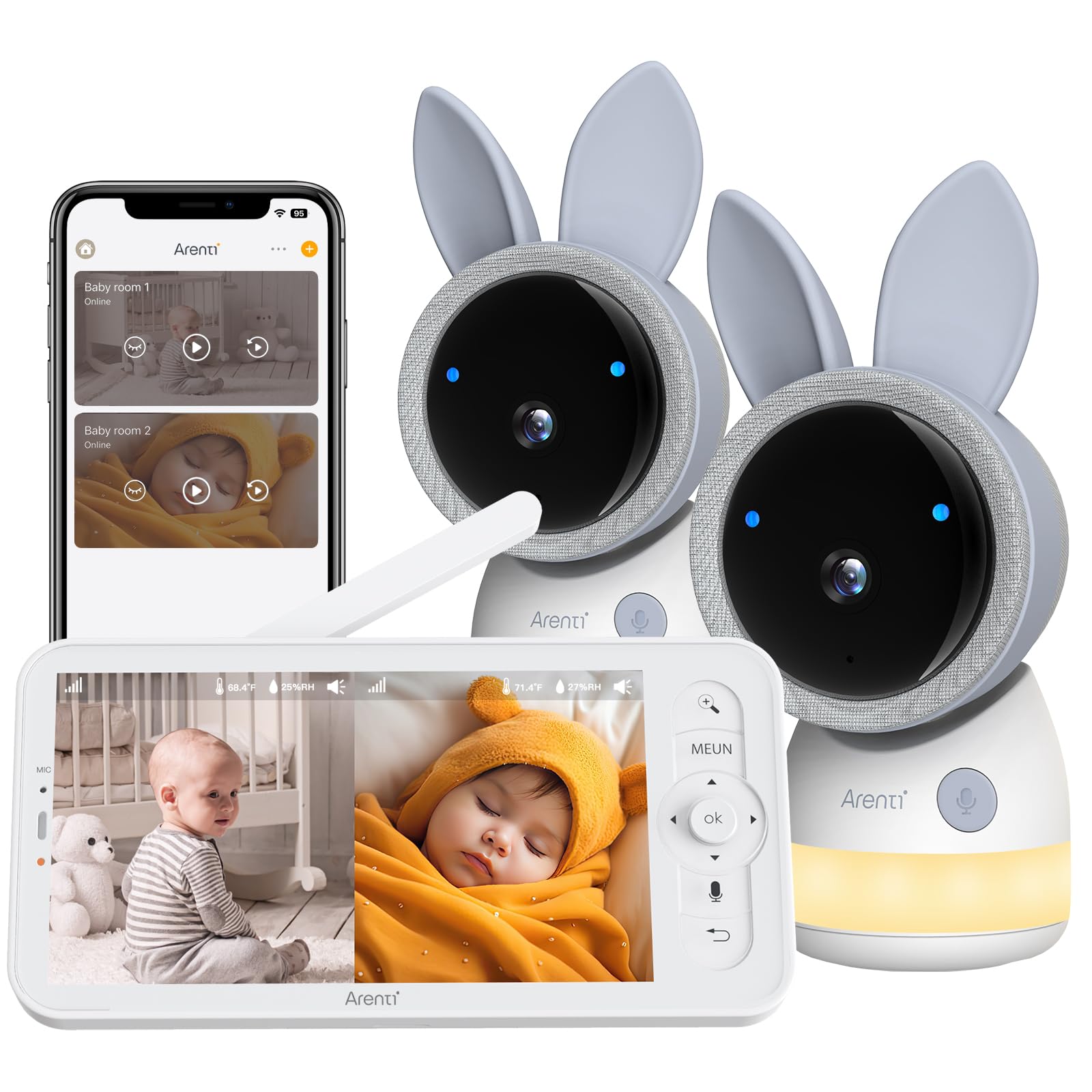 ARENTI 2K Wifi Baby Monitor 2 Cameras,Split Screen,App&Monitor Contorl,Smart,Temp&Humidity Sensor,720P 5-inch HD Display,Lullabies,Motion&Cry Detection,Two Way Audio,Remote Pan Tilt Zoom