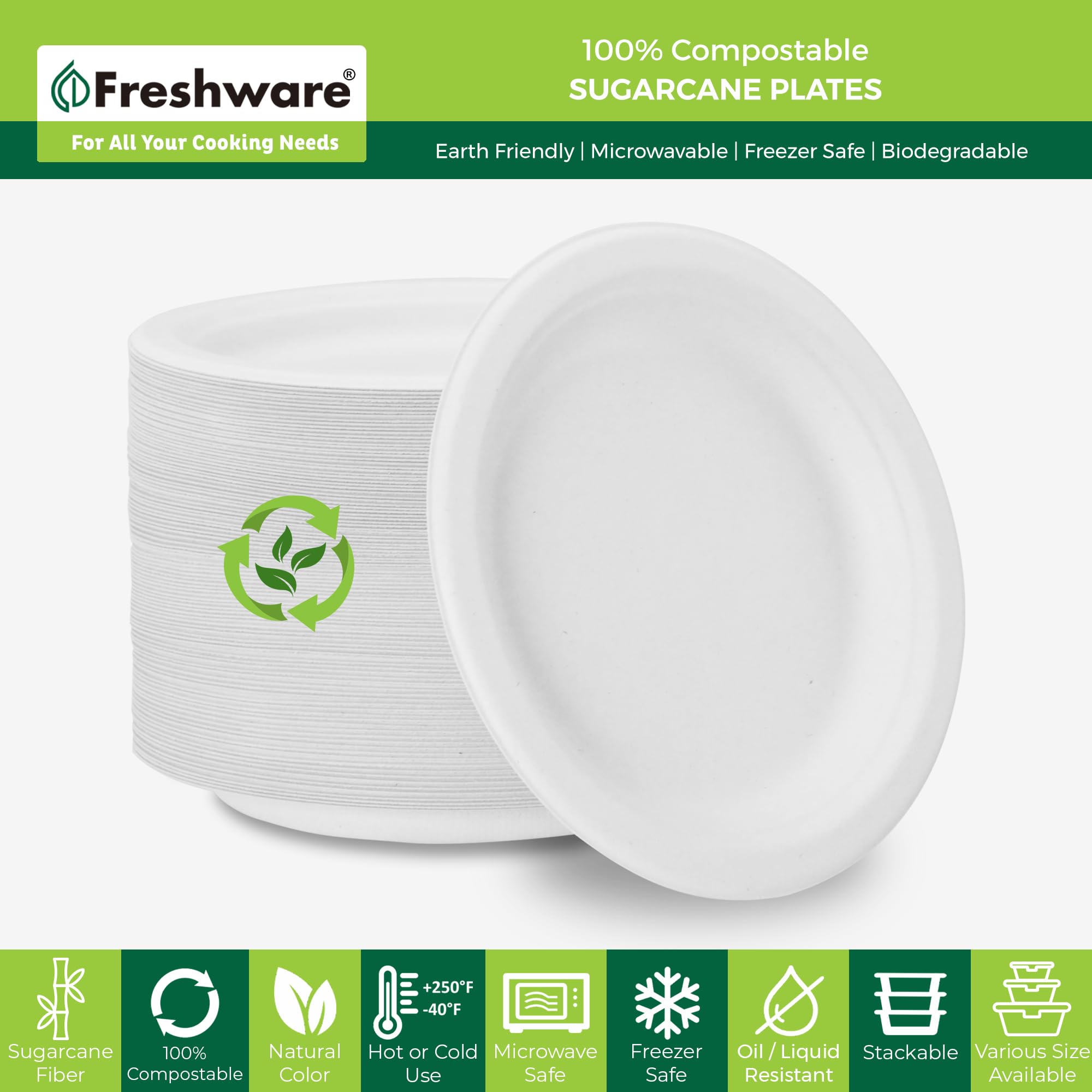 Freshware Piatti di carta usa e getta da 25,4 cm, confezione da 500, piatti piani biodegradabili in fibra di canna da zucchero, resistenti per cibi caldi, adatti per microonde e congelatore, stoviglie