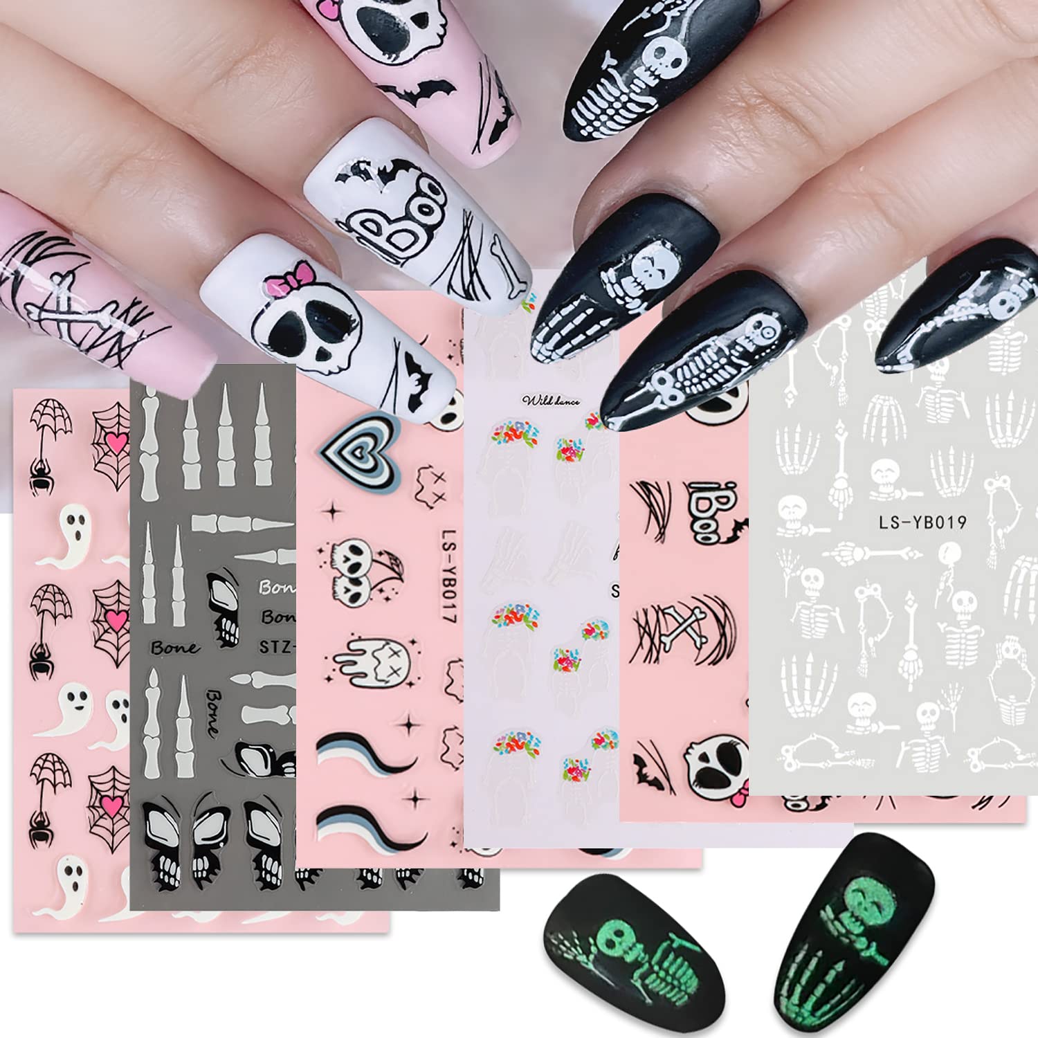 halloween nail stickers fall skull ghost spider web 3d self-adhesive nail art decals halloween scary skeleton glow in the dark nail decoration nail supplies for women girls kids?6pcs? style 3
