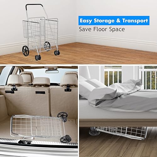 Miniatura 5 de IRONMAX Carrito de compras de comestibles, carrito plegable de gran resistencia con ruedas giratorias de 360° y cesta extra, carrito ligero para