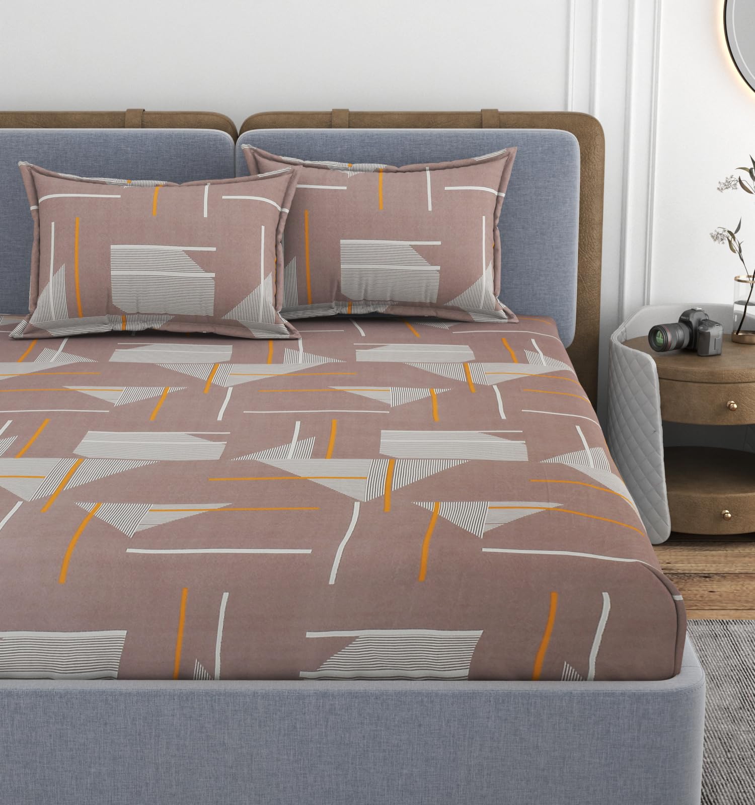 VOMZER 320 TC Cotton Feel All Around Elastic Fitted Bedsheets King Size, Premium Elastic Fitted King Size Bed Sheet for Double Bed with 2 Pillow Covers, Size- 78” x 72” Peace Lines