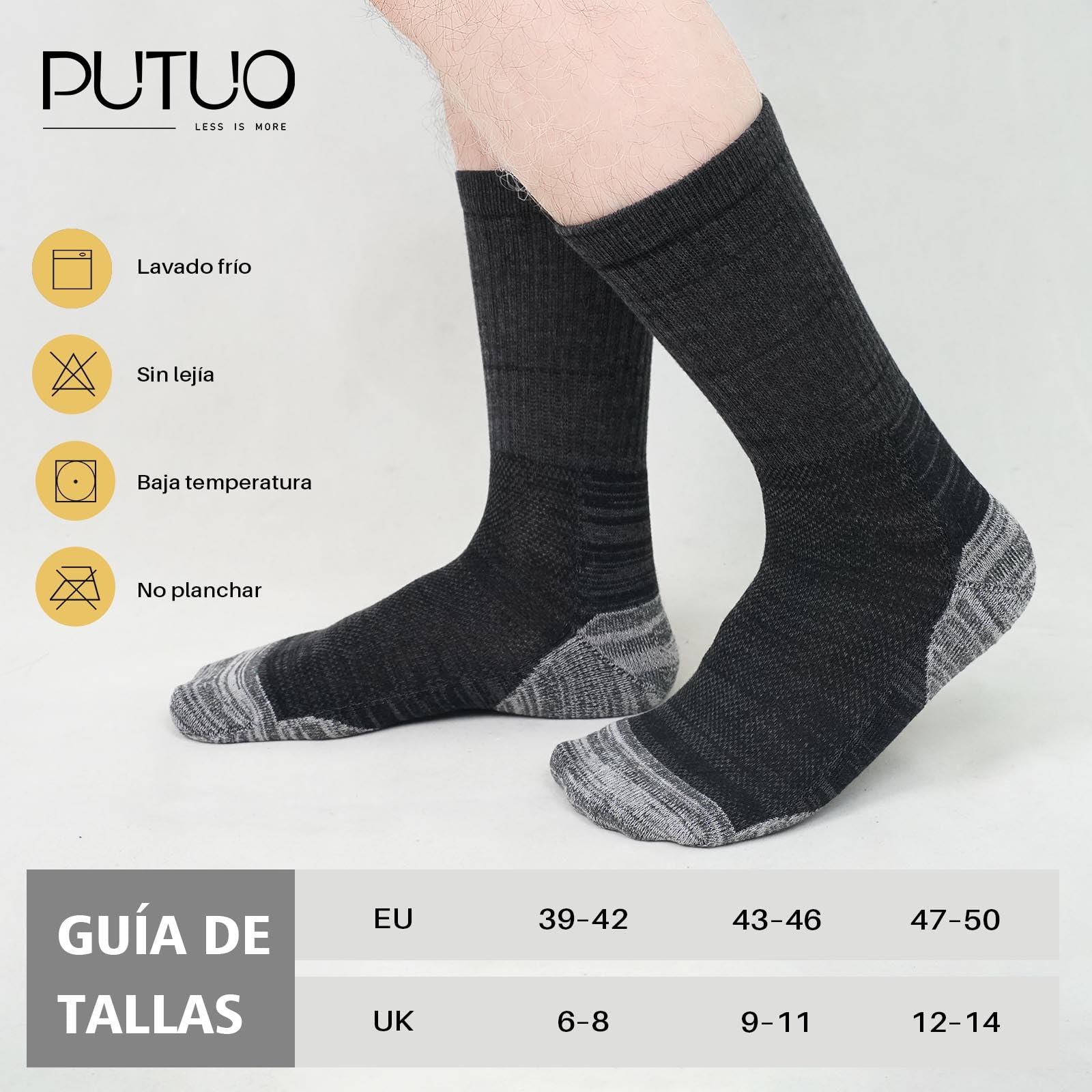 PUTUO Calcetines de Trabajo Hombre Reforzados: Calcetines Hombre Altos de Algodón - Work Socks Transpirable Anti-ampollas per Trabajo Deporte Running 5 pares — view 7