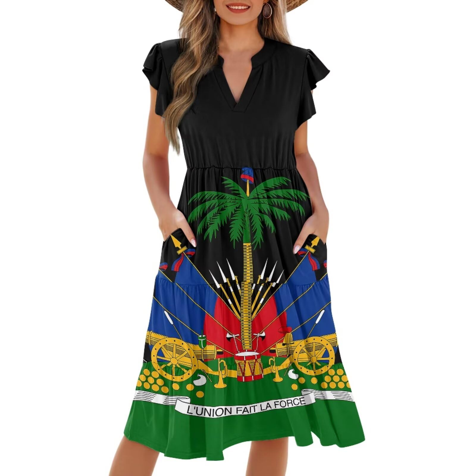 Womens Summer Dress Ruffle Sleeve V Neck Dress Casual Fit Flowy Beach Vacation Sundress with Pocket S-2XL