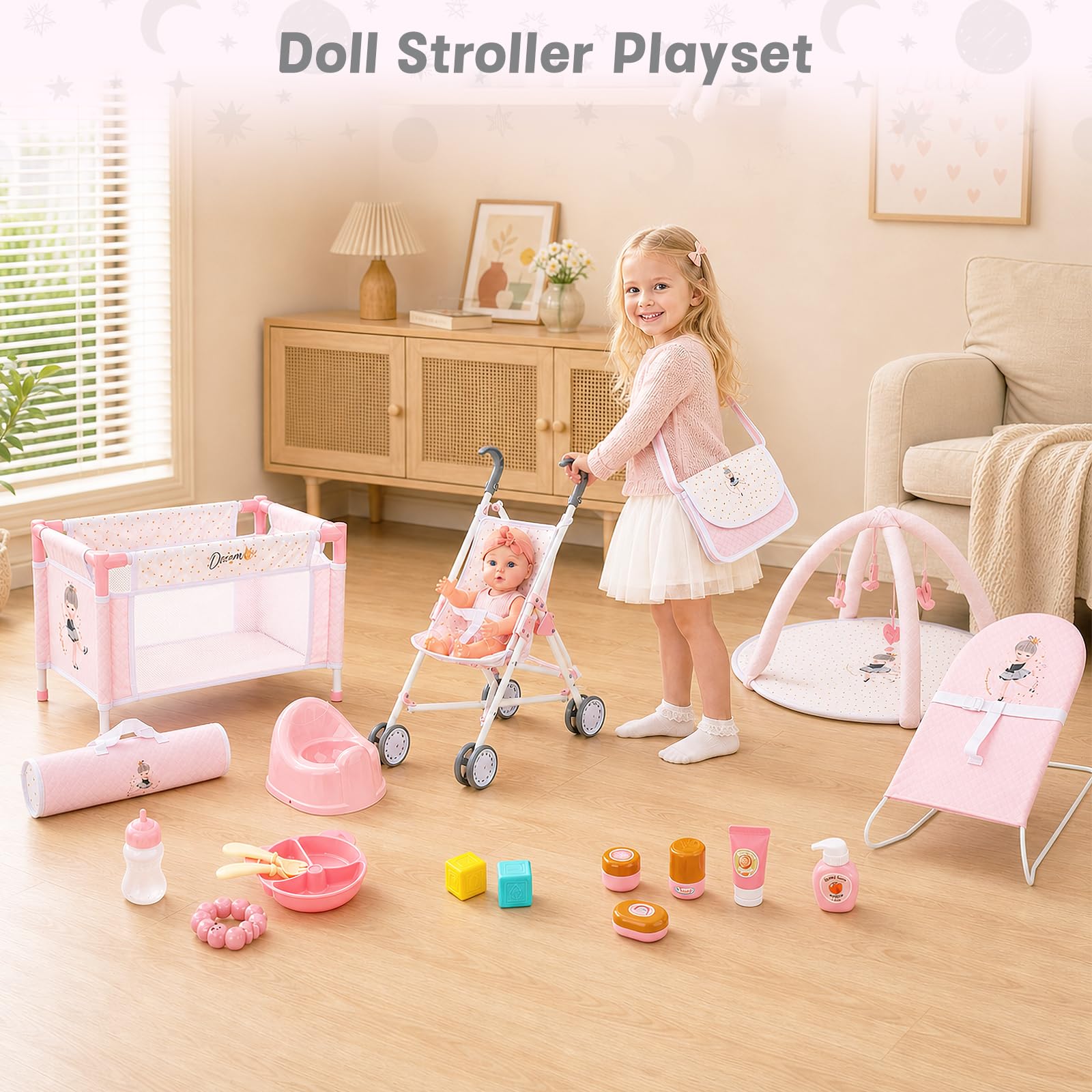 deAO 20 PCS Juego de Muñecas y Accesorios, Regalo para Niñas de 3 Años | Cochecitos, Cuna, Bolsos, 30CM Muñeca de Bebe, Arco de Juegos, Hamaca y Accesorios, Set de Juego con Muñecas de Rol Realista