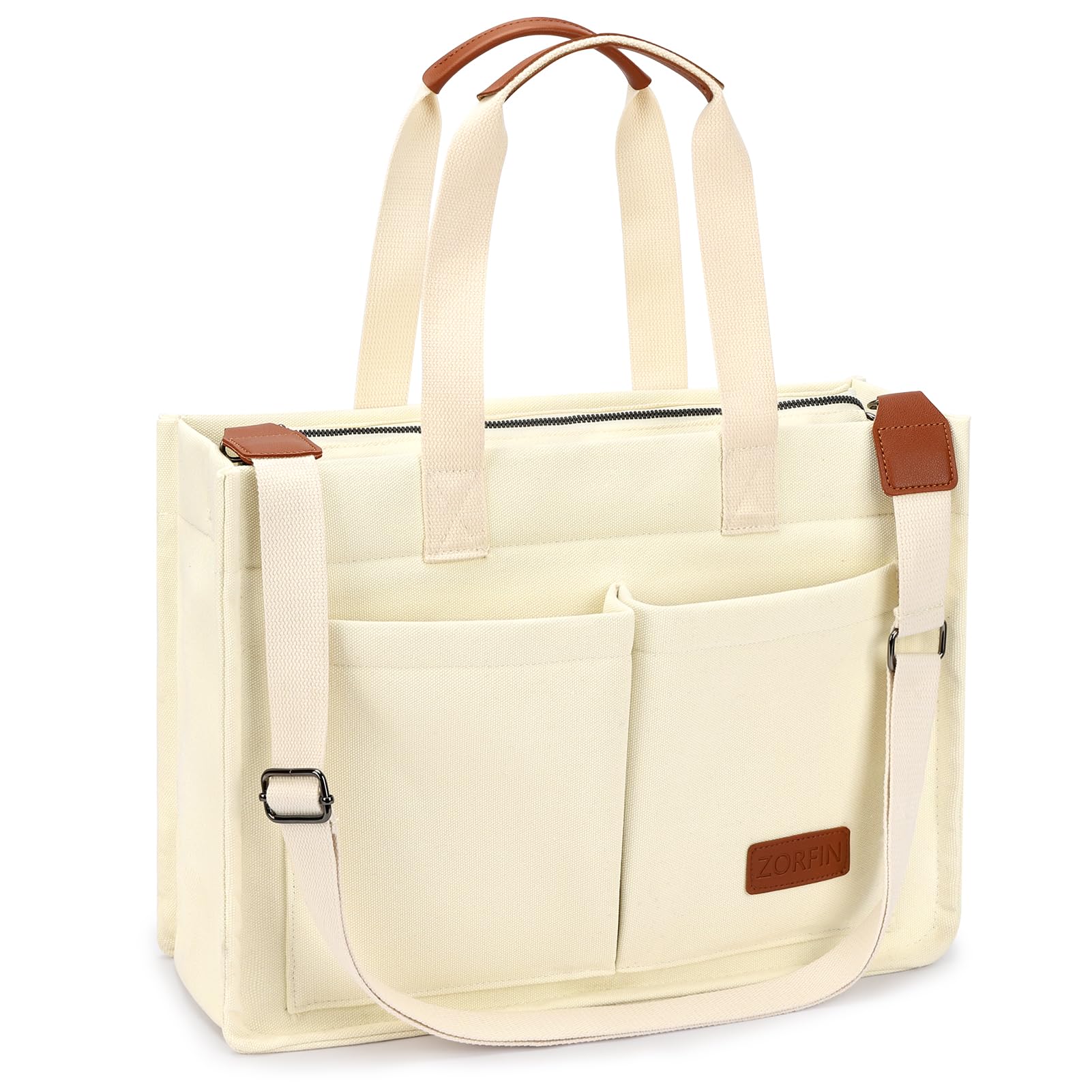ZORFIN Canvas Tote Bag for Women with Zipper and Compartments Crossbody Work Laptop Bag for Travel College Office