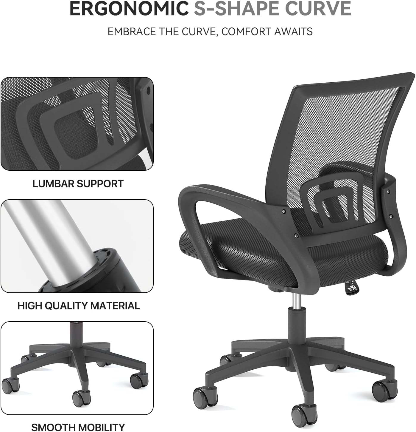Office Chair, Ergonomic Mid-Back Mesh Desk Chair with Lumbar Support, Adjustable Height Computer Chair with Rolling Wheels Design,Comfy Armrest for Work, Study, Gaming, Black