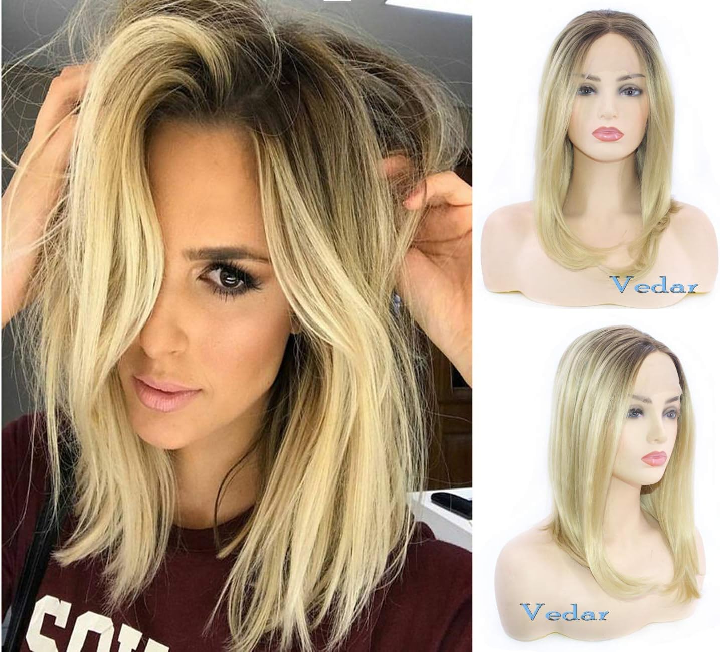 Vedar Celebrity Wigs for Women Middle Part Light Blonde Lace Front Wigs with Brown Roots Ombre Short Bob Wigs Glueless Synthetic Blonde Hair Wigs 14 inches