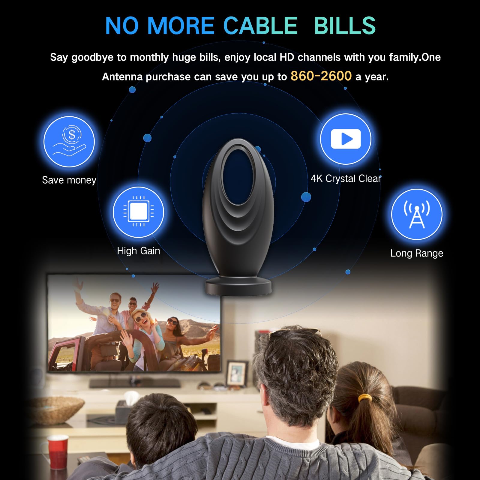 Antena de TV 2025 para Smart TV y TV antigua, alcance de más de 2800 millas, antena de TV digital HD para interiores con señal de 360°, soporta canales locales 1080P 4K recepción para el hogar, RV