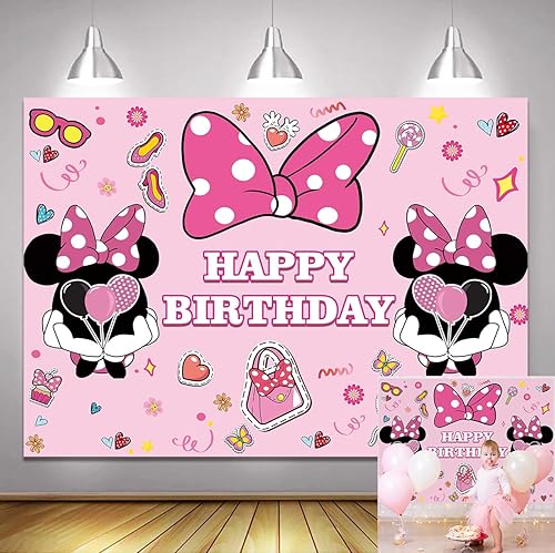 Telón de fondo de fotografía de ratón rosa de 5 x 3 pies para niñas, decoración de fiesta de cumpleaños, temática de ratón, pancarta de fondo para