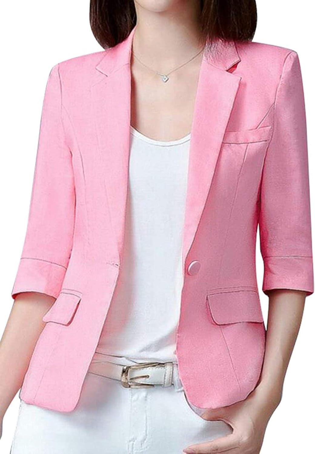 Womens Fashion 3/4 Sleeve Linen Pure Color Blazer Jacket Coat Suit