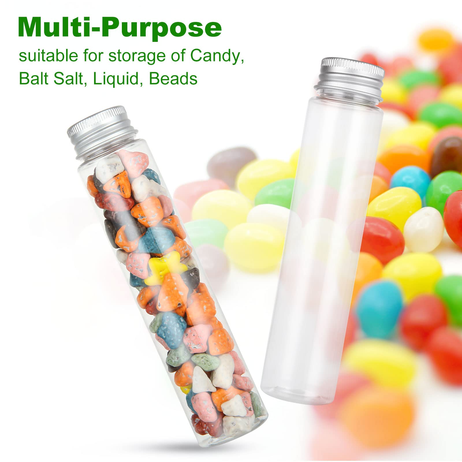 Acrux7 Tubo de ensayo de plástico plano transparente con tapones de rosca de 110 ml, tubo de ensayo transparente de fondo plano para almacenamiento de dulces de sal de baño (151 x 34 mm)