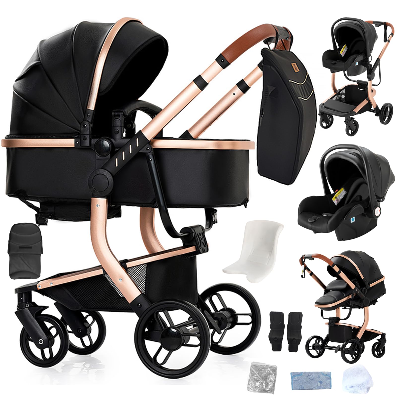 Reenborn Pelle PU Passeggino Trio, Passeggino 3 in 1 con Due Modi Reversibili Spingere, Trio Neonati con Design Pieghevole in Un Clic, Telaio Alluminio Paesaggistico Alto (B518 Black)