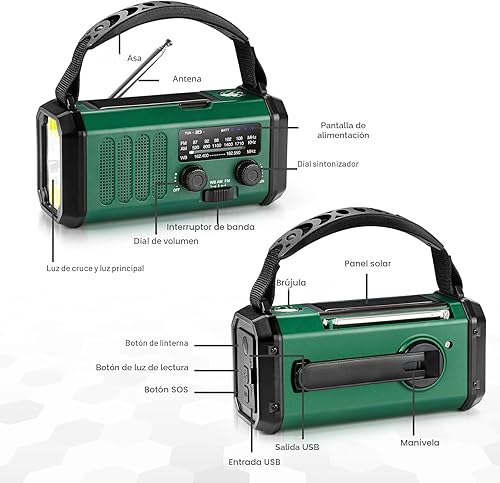 Miniatura 5 de Radio de manivela de 10000 mAh, radio de emergencia, radio solar, radio meteorológica NOAA/AM/FM, carga USB tipo C, radio de dinamo, batería