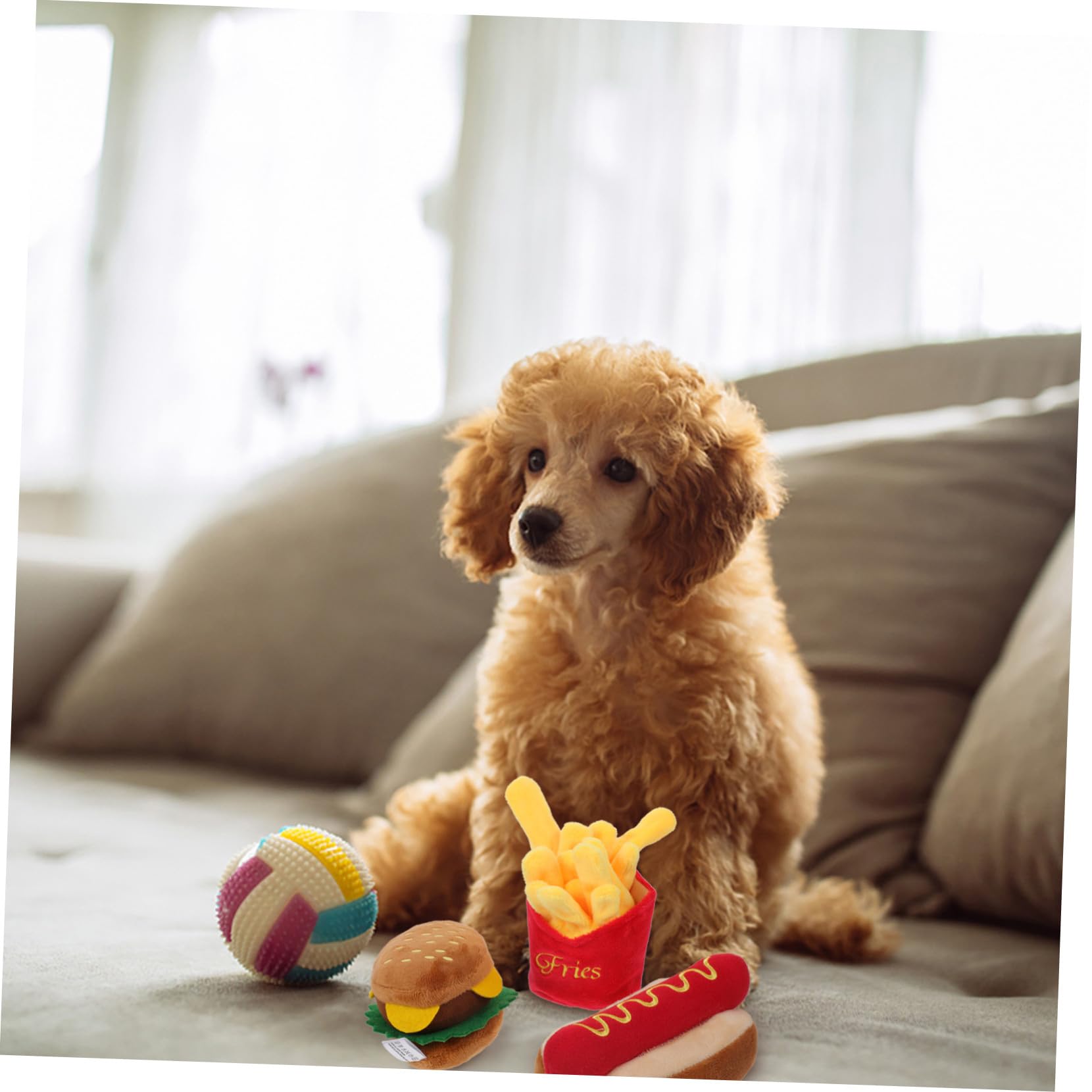 Chien Peluche Frites Résistantes Sonore à Mâcher Léger et Portable pour Chiots Aide Dentition et Distraction Anti-Ennui
