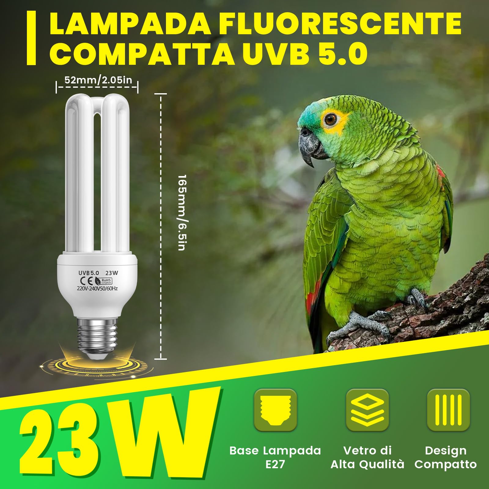 UVB 5.0 E27 23W Lampada Fluorescente Compatta per Uccelli, Pappagalli, Rettili