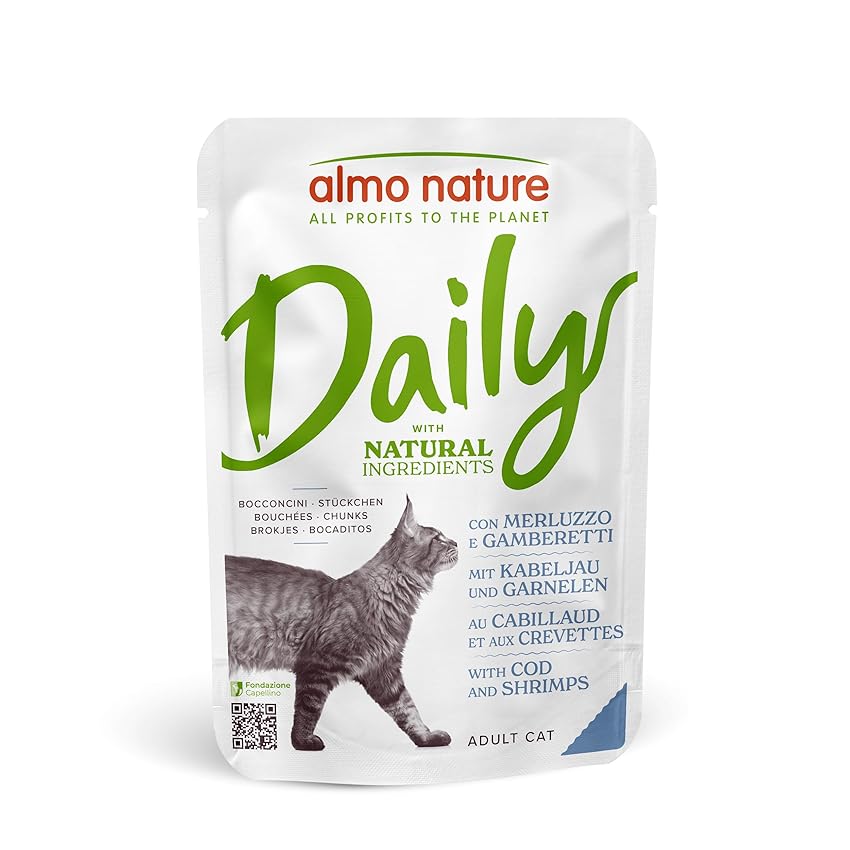 almo nature Daily - Alimento Umido Completo per Gatti Adulti con Merluzzo e Gamberetti - Bocconcini, Confezione da 2.1 kg (30 x 70 g)